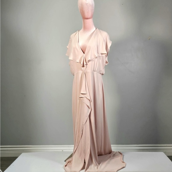 NWT BCBGMAXAZRIA EVETTE RUFFLED CHIFFON V-NECK GOWN WITH FRONT SLIT - 14 - Picture 7 of 13